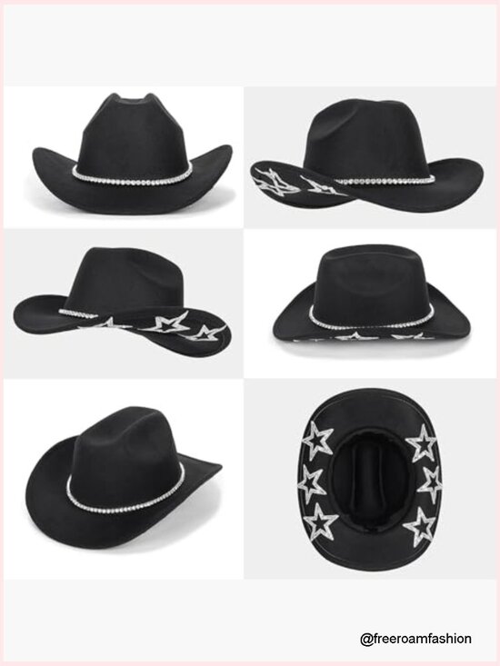 Western Cowgirl Hat with Rhinestone Star, Rolled Brim Felt Fedora